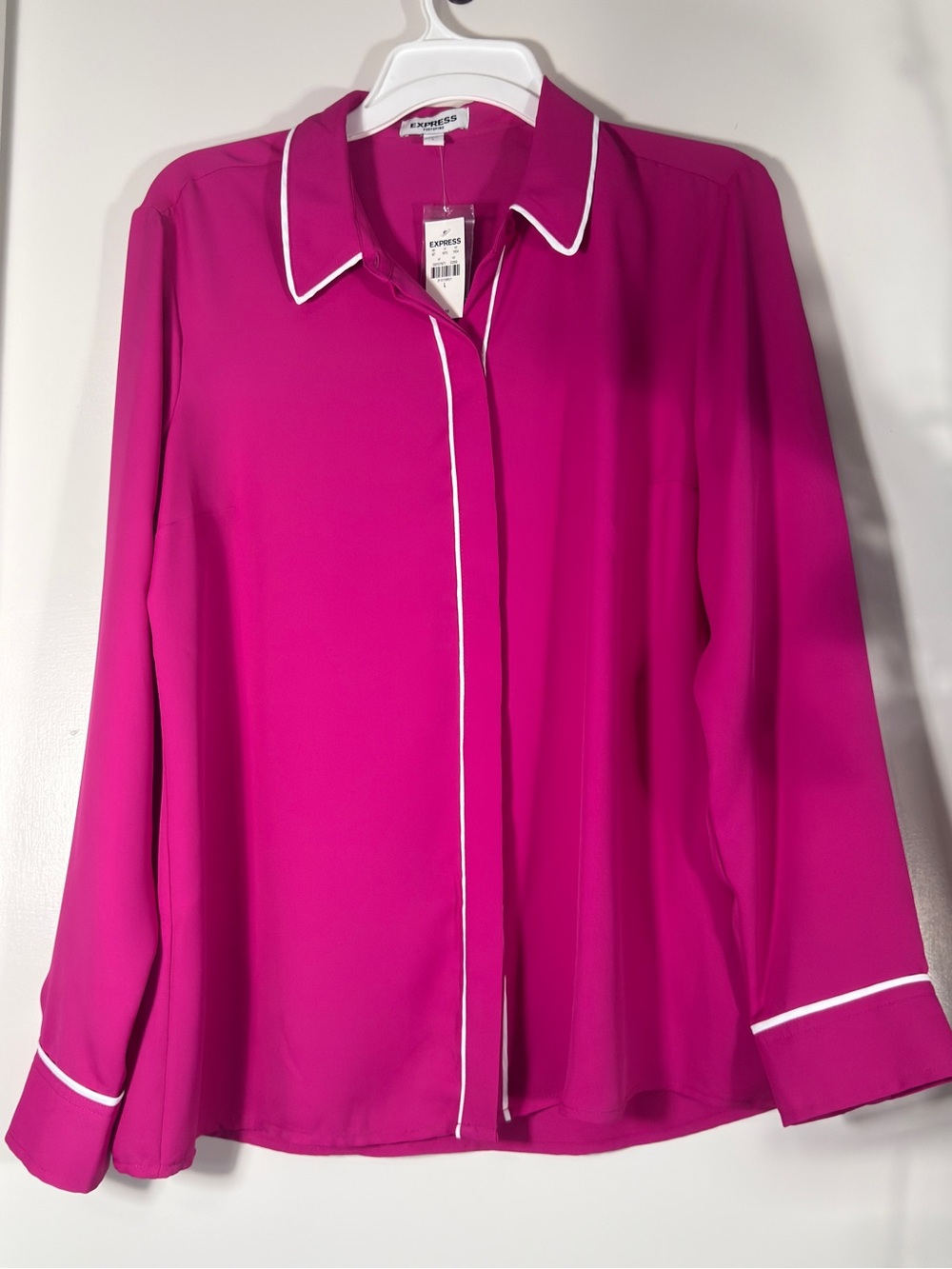 Express Women's Magenta Button-Down Portofino Blouse with White Piping